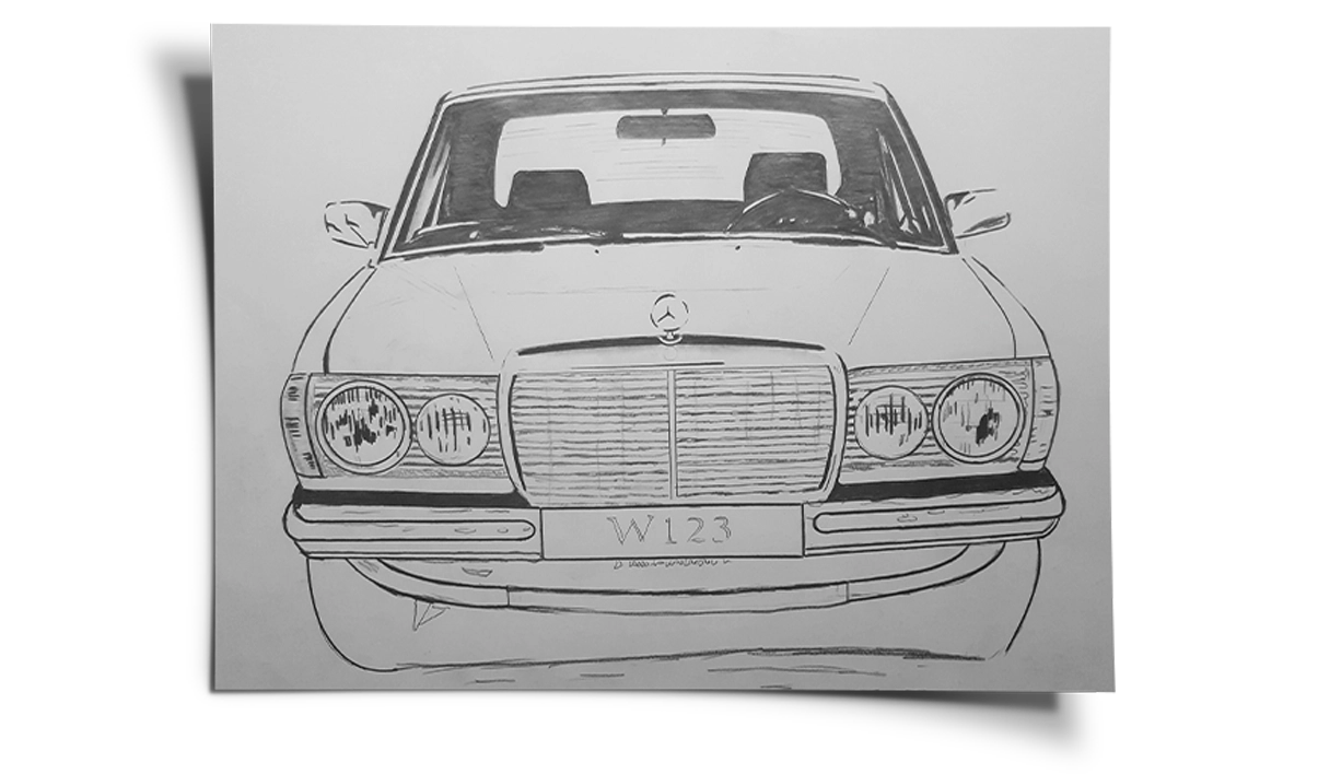 Mercedes beczka W124 ilustracja - klasyczne auto w cyfrowym rysunku - Idea For Design