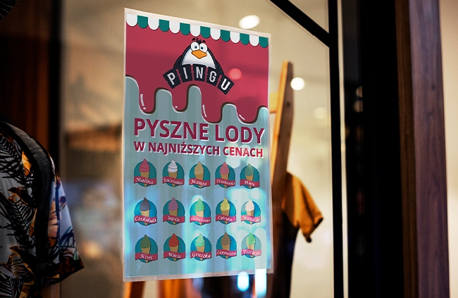 plakat lodziarni - plakat w pionowym formacie - Lody Pingu