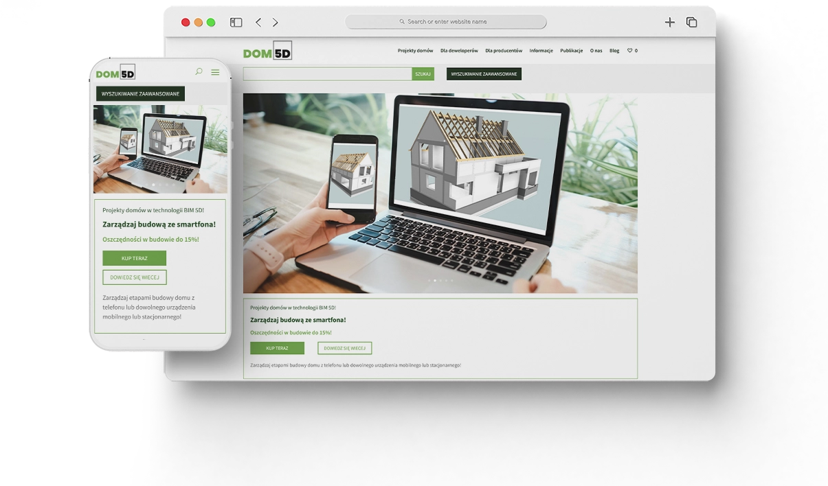 Sklep z projektami domów - widok mobilny i desktopowy - DOM 5D