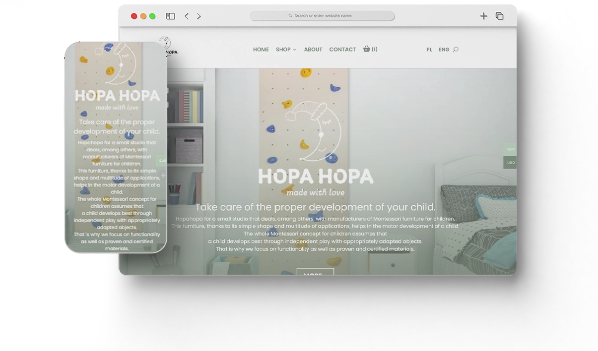 Sklep WooCommerce Montessori - widok mobilny i desktopowy - Hopa Hopa
