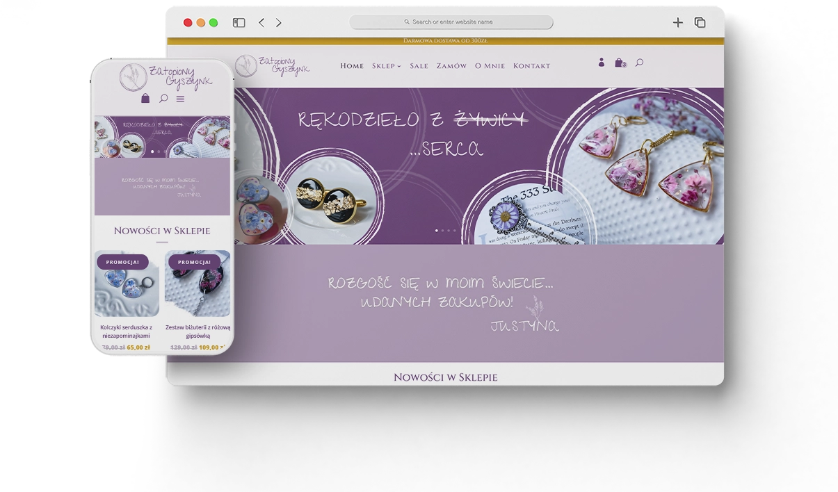Prosty sklep z biżuterią - karta produktu z żywicy - Zatopiony Gyszynk