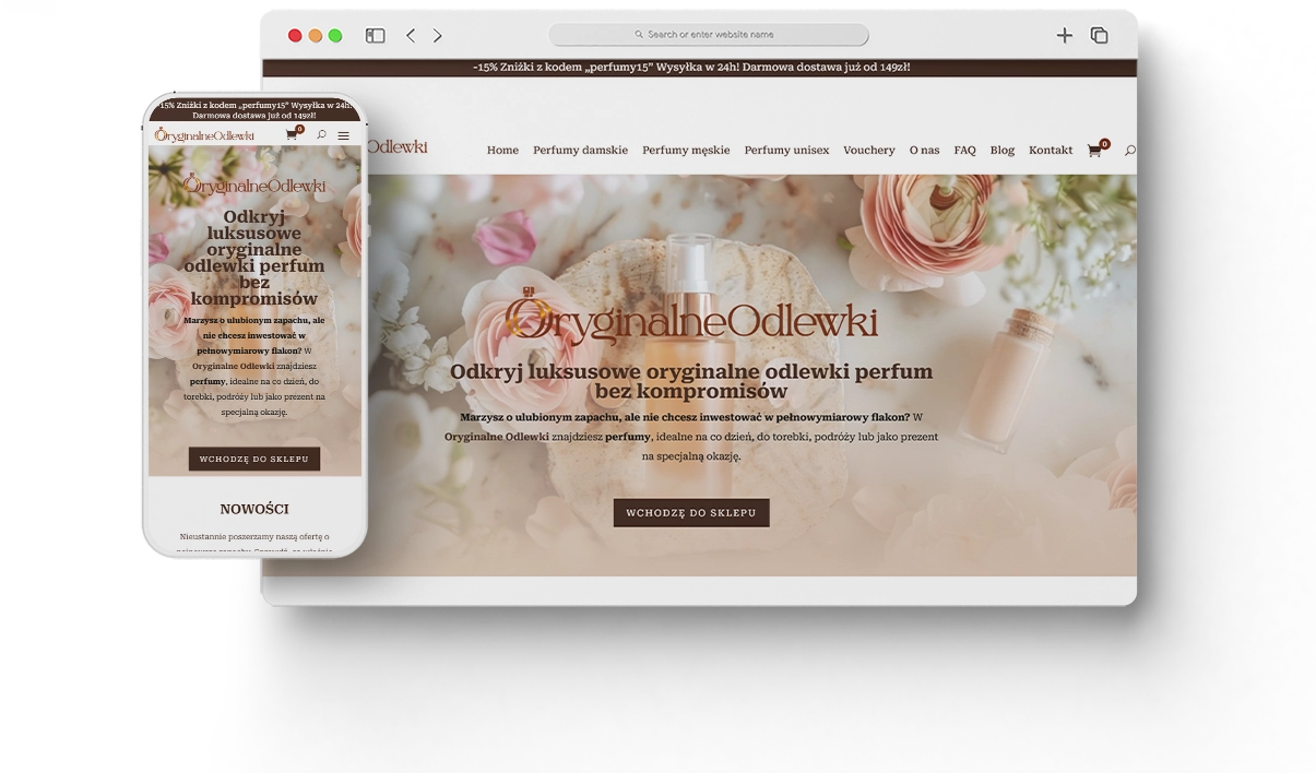 Sklep WooCommerce z odlewkami perfum - widok mobilny i desktopowy - Oryginalne Odlewki