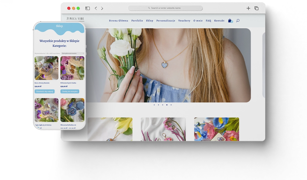 Sklep z biżuterią z żywicy - widok mobilny i desktopowy - Żywica Vibe