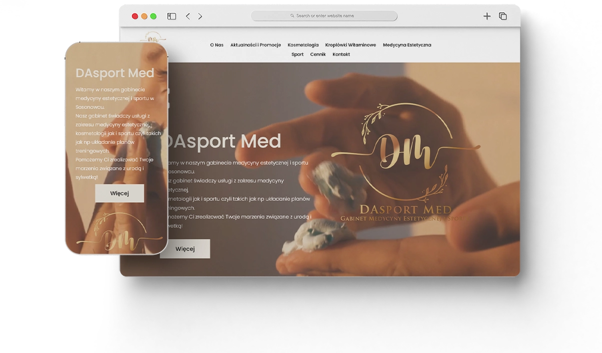 Strona internetowa gabinetu medycyny estetycznej - układ na ekranie desktopowym - Dasport Med